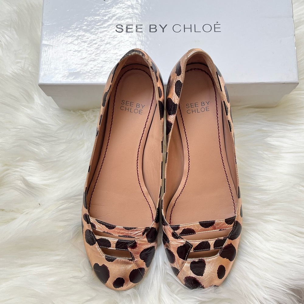 See By Chloé Leopard-Spot Ballet Flats in Tan and Black - Size 36